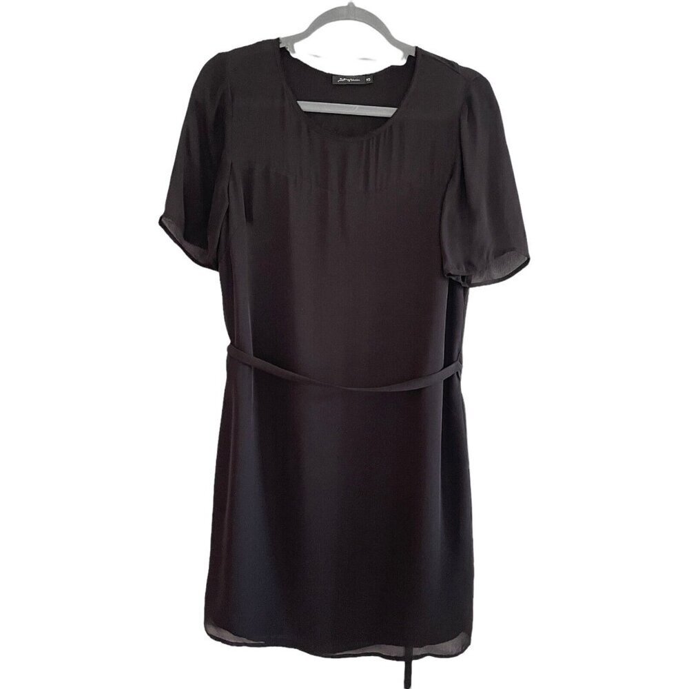 Stylein Size XS Black Silk Short Sleeve Belted Dress Draped Back LBD Chiffon